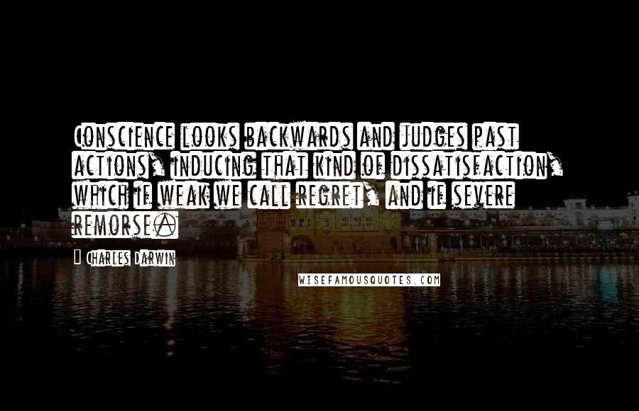 Charles Darwin Quotes: Conscience looks backwards and judges past actions, inducing that kind of dissatisfaction, which if weak we call regret, and if severe remorse.