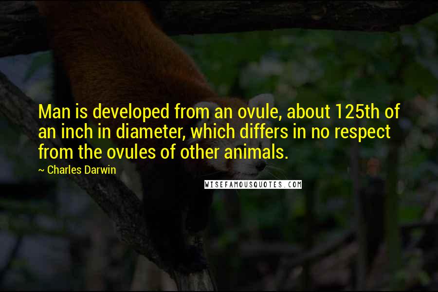 Charles Darwin Quotes: Man is developed from an ovule, about 125th of an inch in diameter, which differs in no respect from the ovules of other animals.