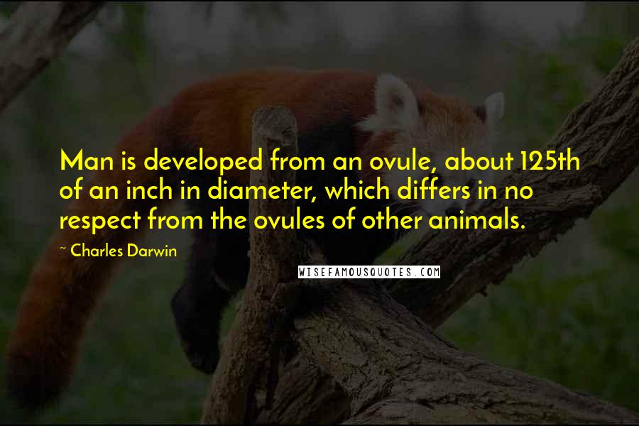 Charles Darwin Quotes: Man is developed from an ovule, about 125th of an inch in diameter, which differs in no respect from the ovules of other animals.