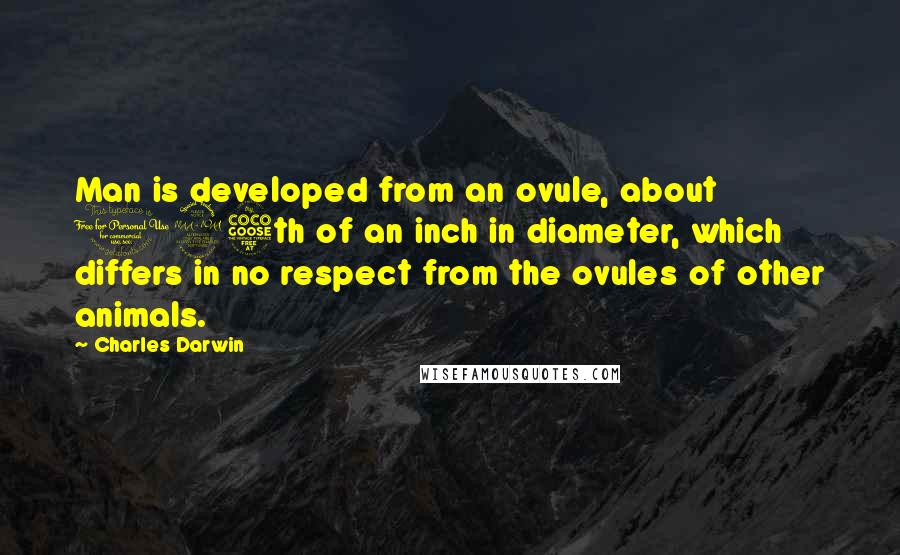 Charles Darwin Quotes: Man is developed from an ovule, about 125th of an inch in diameter, which differs in no respect from the ovules of other animals.