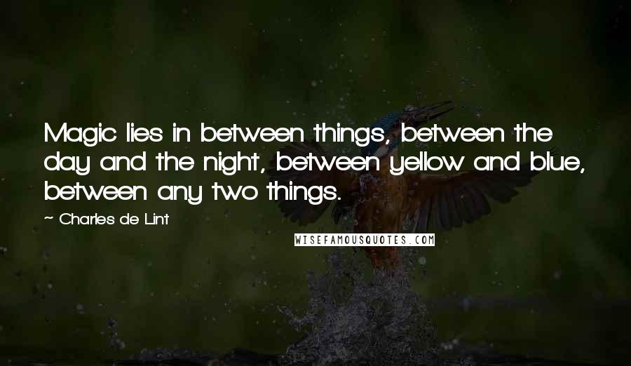 Charles De Lint Quotes: Magic lies in between things, between the day and the night, between yellow and blue, between any two things.