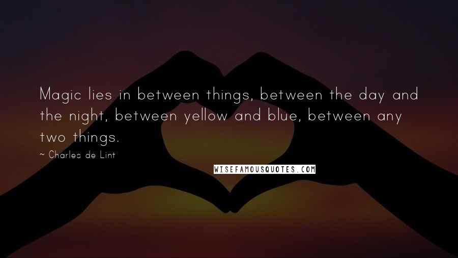 Charles De Lint Quotes: Magic lies in between things, between the day and the night, between yellow and blue, between any two things.