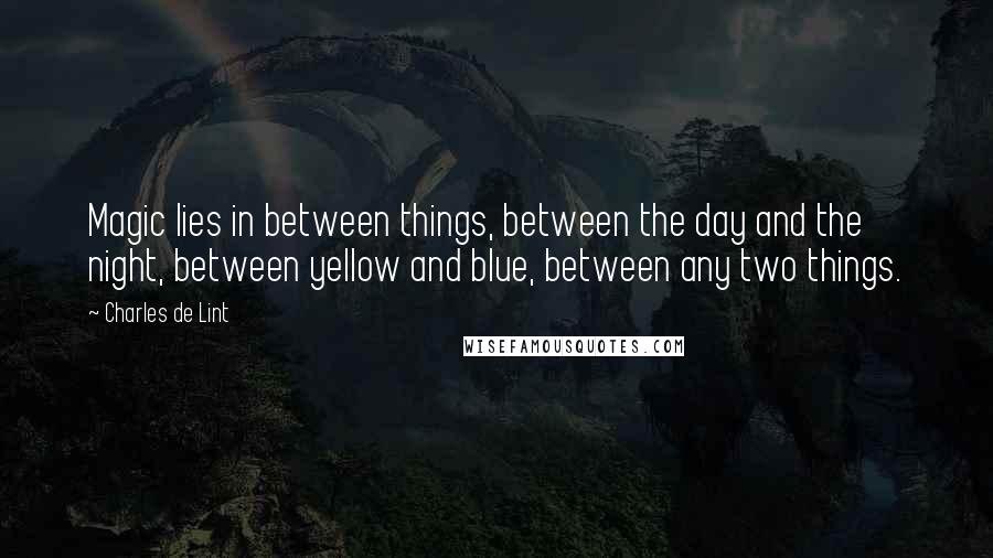 Charles De Lint Quotes: Magic lies in between things, between the day and the night, between yellow and blue, between any two things.