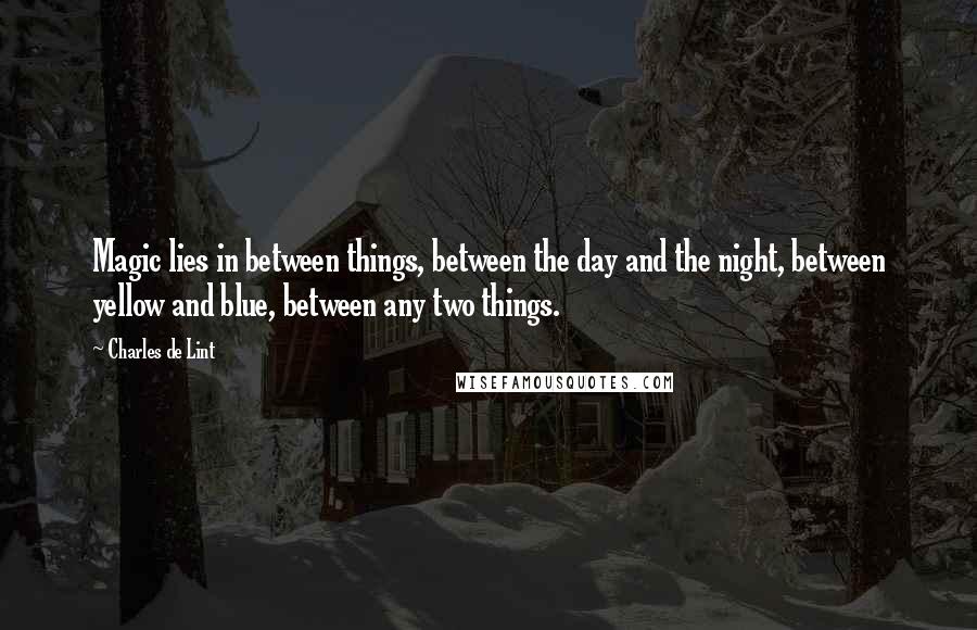 Charles De Lint Quotes: Magic lies in between things, between the day and the night, between yellow and blue, between any two things.