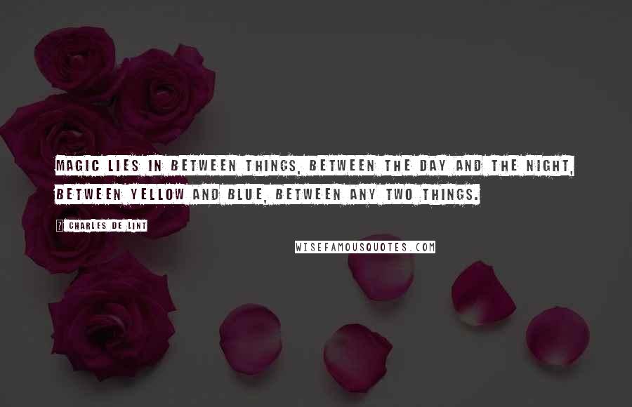 Charles De Lint Quotes: Magic lies in between things, between the day and the night, between yellow and blue, between any two things.