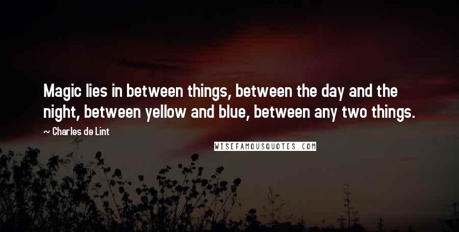 Charles De Lint Quotes: Magic lies in between things, between the day and the night, between yellow and blue, between any two things.