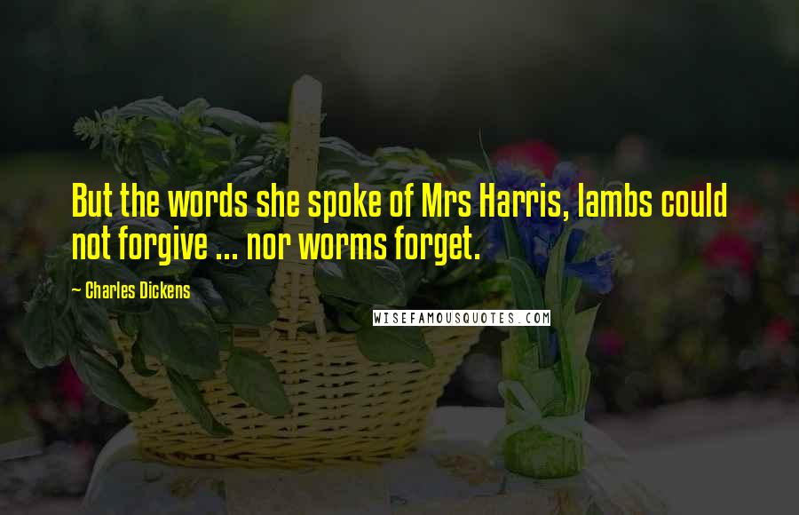 Charles Dickens Quotes: But the words she spoke of Mrs Harris, lambs could not forgive ... nor worms forget.