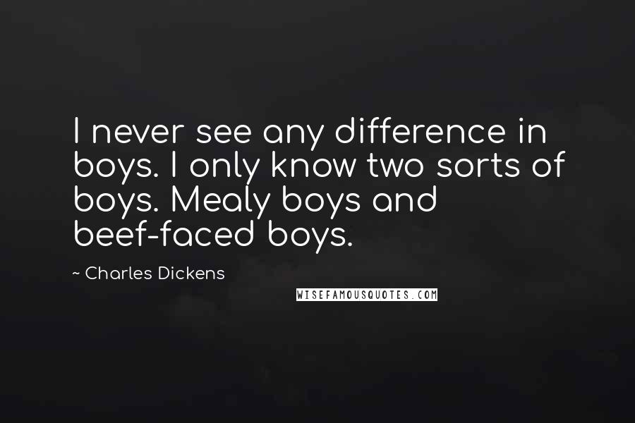 Charles Dickens Quotes: I never see any difference in boys. I only know two sorts of boys. Mealy boys and beef-faced boys.