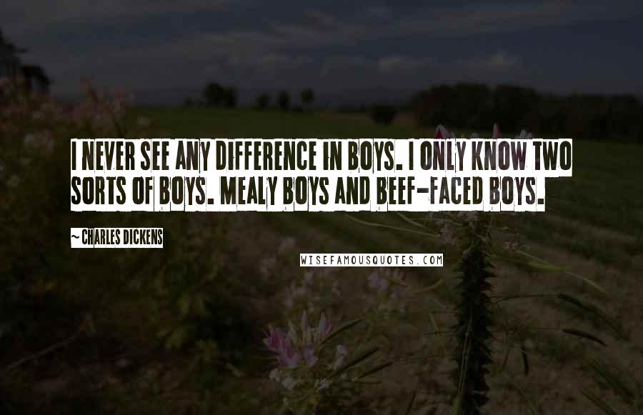 Charles Dickens Quotes: I never see any difference in boys. I only know two sorts of boys. Mealy boys and beef-faced boys.