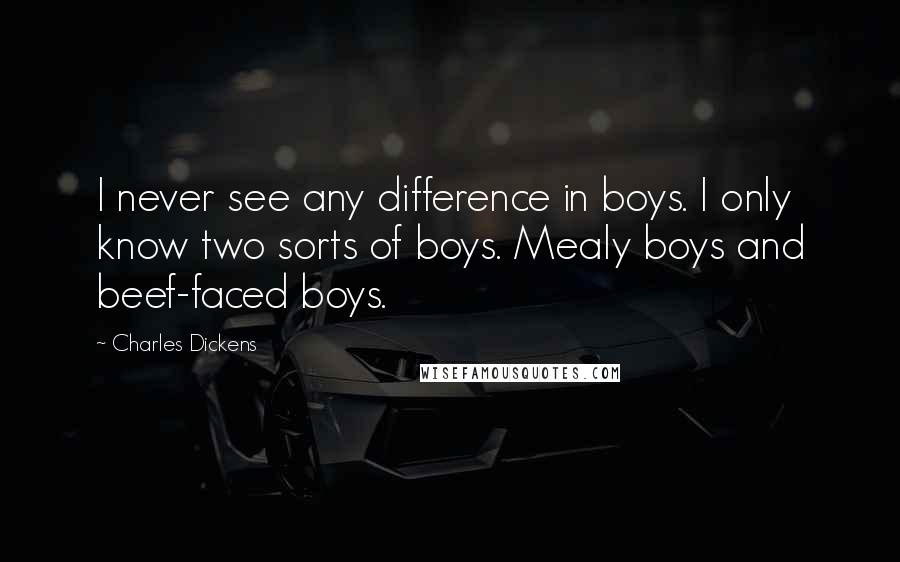 Charles Dickens Quotes: I never see any difference in boys. I only know two sorts of boys. Mealy boys and beef-faced boys.