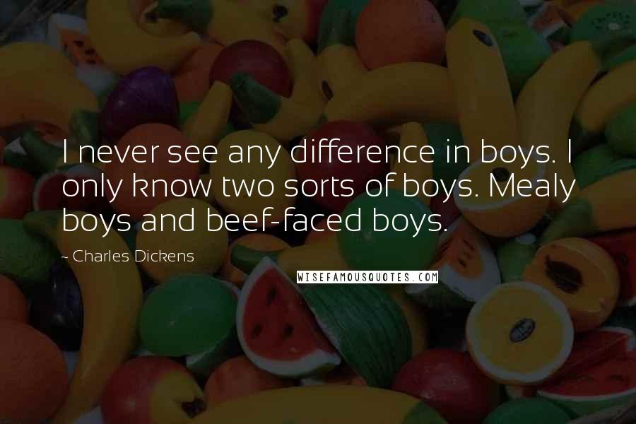 Charles Dickens Quotes: I never see any difference in boys. I only know two sorts of boys. Mealy boys and beef-faced boys.