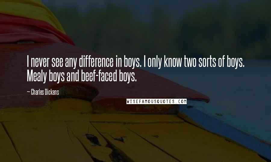 Charles Dickens Quotes: I never see any difference in boys. I only know two sorts of boys. Mealy boys and beef-faced boys.