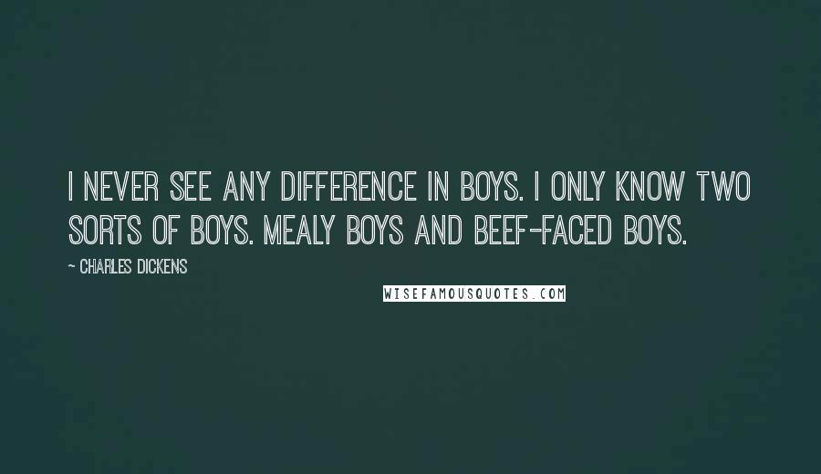 Charles Dickens Quotes: I never see any difference in boys. I only know two sorts of boys. Mealy boys and beef-faced boys.