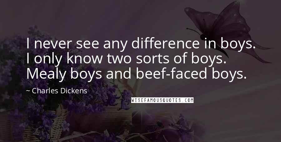 Charles Dickens Quotes: I never see any difference in boys. I only know two sorts of boys. Mealy boys and beef-faced boys.