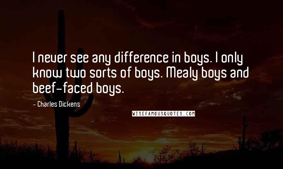 Charles Dickens Quotes: I never see any difference in boys. I only know two sorts of boys. Mealy boys and beef-faced boys.