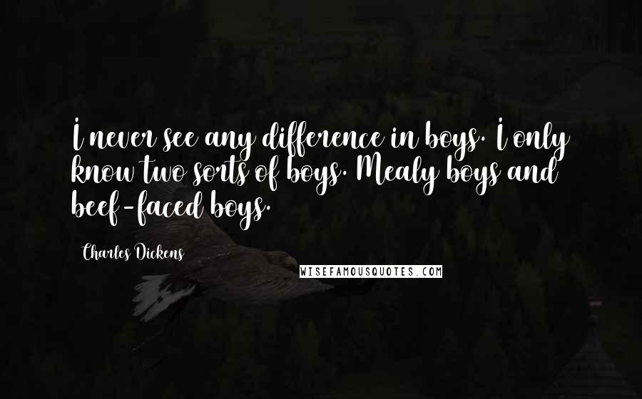 Charles Dickens Quotes: I never see any difference in boys. I only know two sorts of boys. Mealy boys and beef-faced boys.