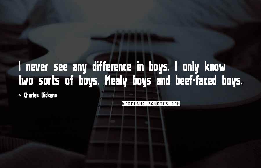 Charles Dickens Quotes: I never see any difference in boys. I only know two sorts of boys. Mealy boys and beef-faced boys.