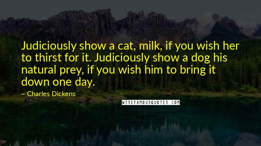 Charles Dickens Quotes: Judiciously show a cat, milk, if you wish her to thirst for it. Judiciously show a dog his natural prey, if you wish him to bring it down one day.