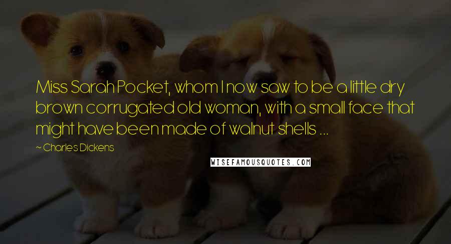 Charles Dickens Quotes: Miss Sarah Pocket, whom I now saw to be a little dry brown corrugated old woman, with a small face that might have been made of walnut shells ...