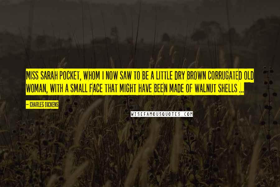 Charles Dickens Quotes: Miss Sarah Pocket, whom I now saw to be a little dry brown corrugated old woman, with a small face that might have been made of walnut shells ...