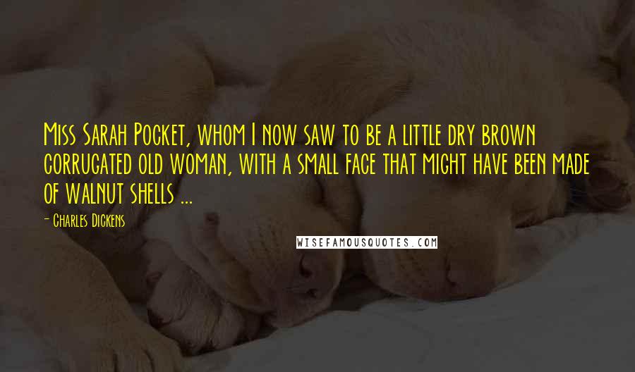 Charles Dickens Quotes: Miss Sarah Pocket, whom I now saw to be a little dry brown corrugated old woman, with a small face that might have been made of walnut shells ...