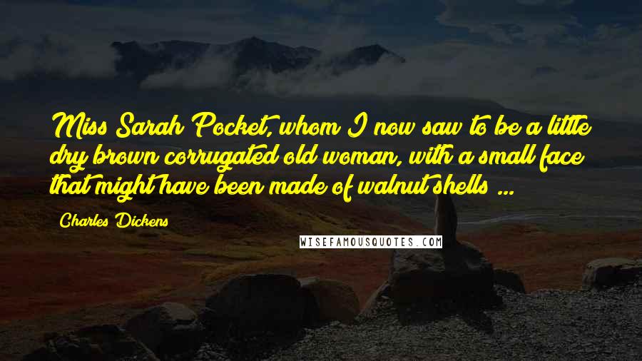 Charles Dickens Quotes: Miss Sarah Pocket, whom I now saw to be a little dry brown corrugated old woman, with a small face that might have been made of walnut shells ...