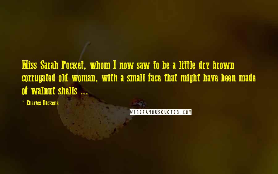 Charles Dickens Quotes: Miss Sarah Pocket, whom I now saw to be a little dry brown corrugated old woman, with a small face that might have been made of walnut shells ...