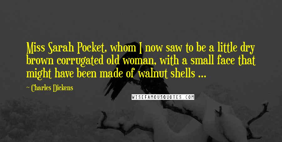Charles Dickens Quotes: Miss Sarah Pocket, whom I now saw to be a little dry brown corrugated old woman, with a small face that might have been made of walnut shells ...