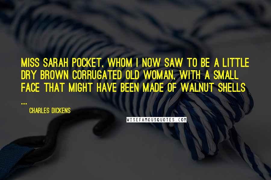 Charles Dickens Quotes: Miss Sarah Pocket, whom I now saw to be a little dry brown corrugated old woman, with a small face that might have been made of walnut shells ...