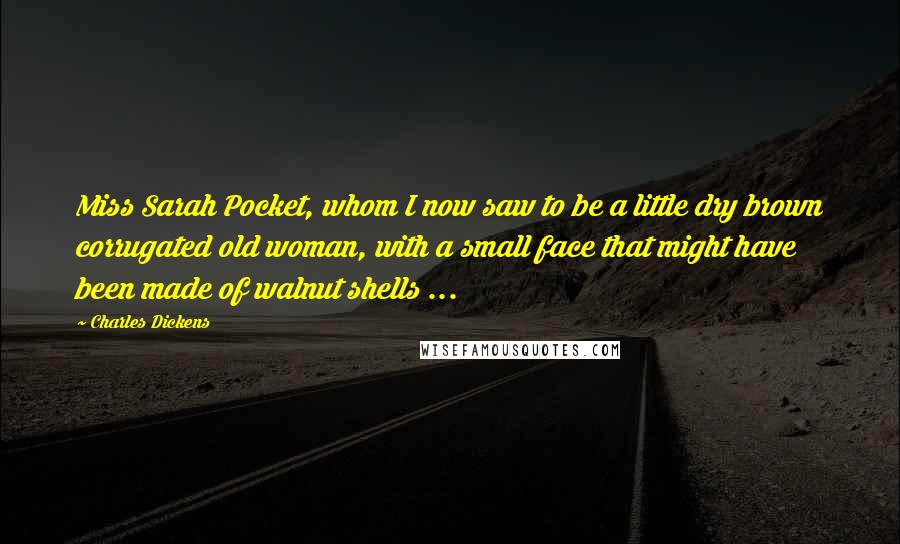 Charles Dickens Quotes: Miss Sarah Pocket, whom I now saw to be a little dry brown corrugated old woman, with a small face that might have been made of walnut shells ...