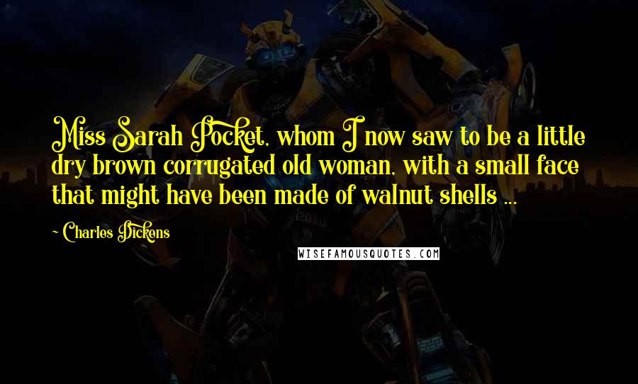 Charles Dickens Quotes: Miss Sarah Pocket, whom I now saw to be a little dry brown corrugated old woman, with a small face that might have been made of walnut shells ...