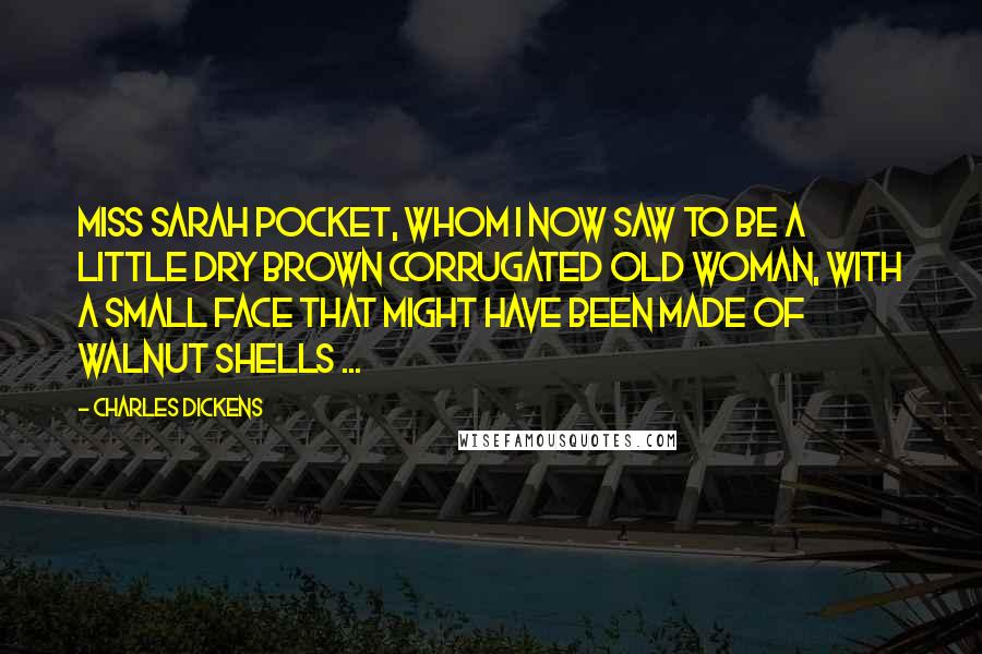 Charles Dickens Quotes: Miss Sarah Pocket, whom I now saw to be a little dry brown corrugated old woman, with a small face that might have been made of walnut shells ...