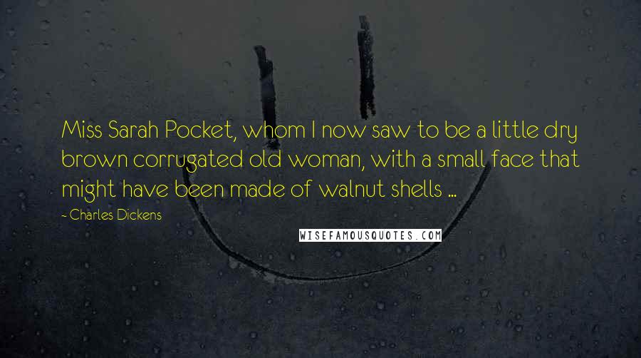Charles Dickens Quotes: Miss Sarah Pocket, whom I now saw to be a little dry brown corrugated old woman, with a small face that might have been made of walnut shells ...