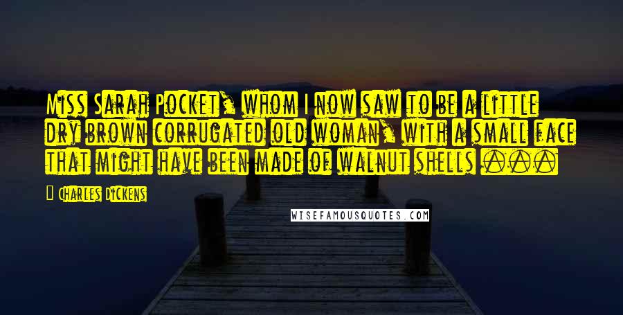 Charles Dickens Quotes: Miss Sarah Pocket, whom I now saw to be a little dry brown corrugated old woman, with a small face that might have been made of walnut shells ...