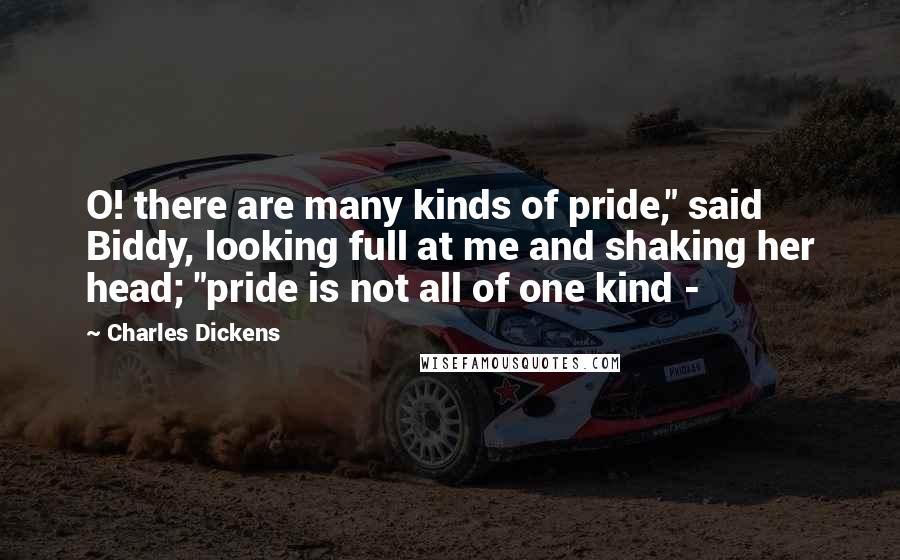 Charles Dickens Quotes: O! there are many kinds of pride," said Biddy, looking full at me and shaking her head; "pride is not all of one kind -