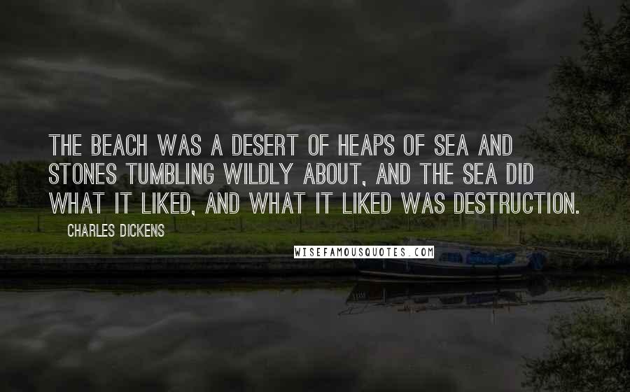 Charles Dickens Quotes: The beach was a desert of heaps of sea and stones tumbling wildly about, and the sea did what it liked, and what it liked was destruction.