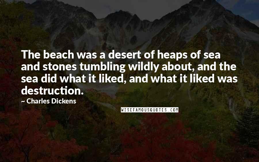 Charles Dickens Quotes: The beach was a desert of heaps of sea and stones tumbling wildly about, and the sea did what it liked, and what it liked was destruction.