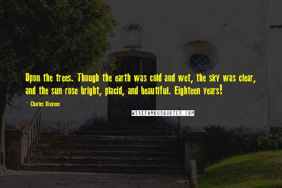 Charles Dickens Quotes: Upon the trees. Though the earth was cold and wet, the sky was clear, and the sun rose bright, placid, and beautiful. Eighteen years!