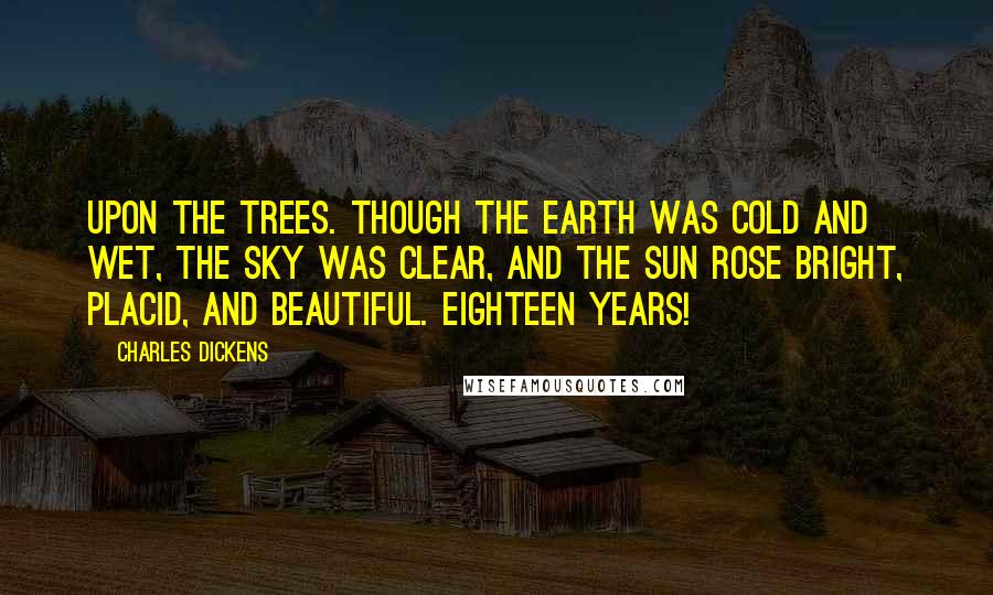 Charles Dickens Quotes: Upon the trees. Though the earth was cold and wet, the sky was clear, and the sun rose bright, placid, and beautiful. Eighteen years!