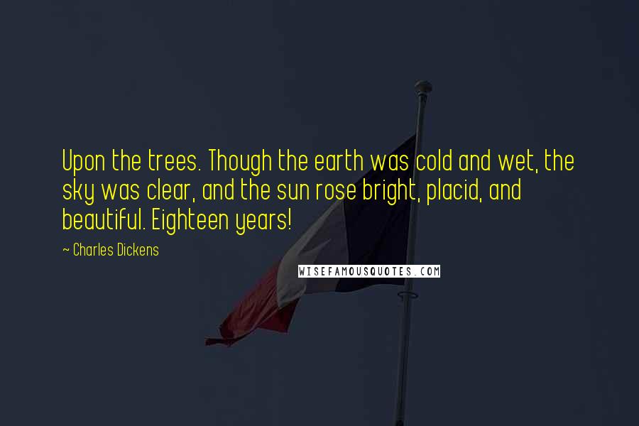 Charles Dickens Quotes: Upon the trees. Though the earth was cold and wet, the sky was clear, and the sun rose bright, placid, and beautiful. Eighteen years!