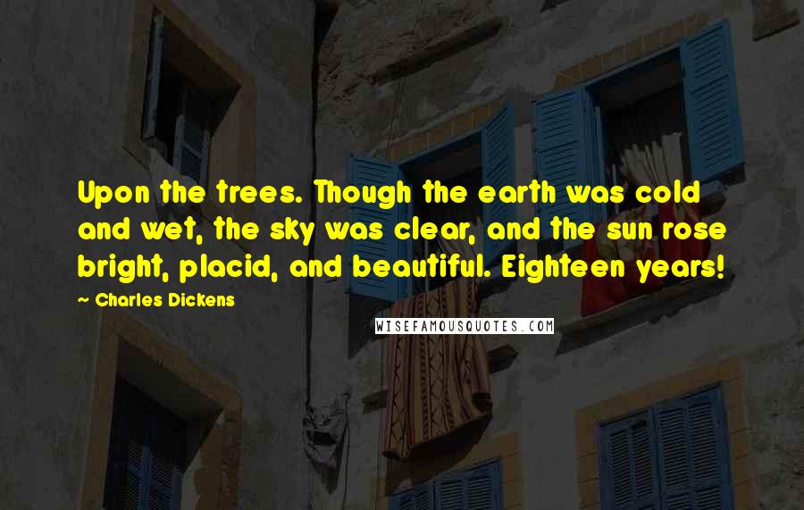 Charles Dickens Quotes: Upon the trees. Though the earth was cold and wet, the sky was clear, and the sun rose bright, placid, and beautiful. Eighteen years!