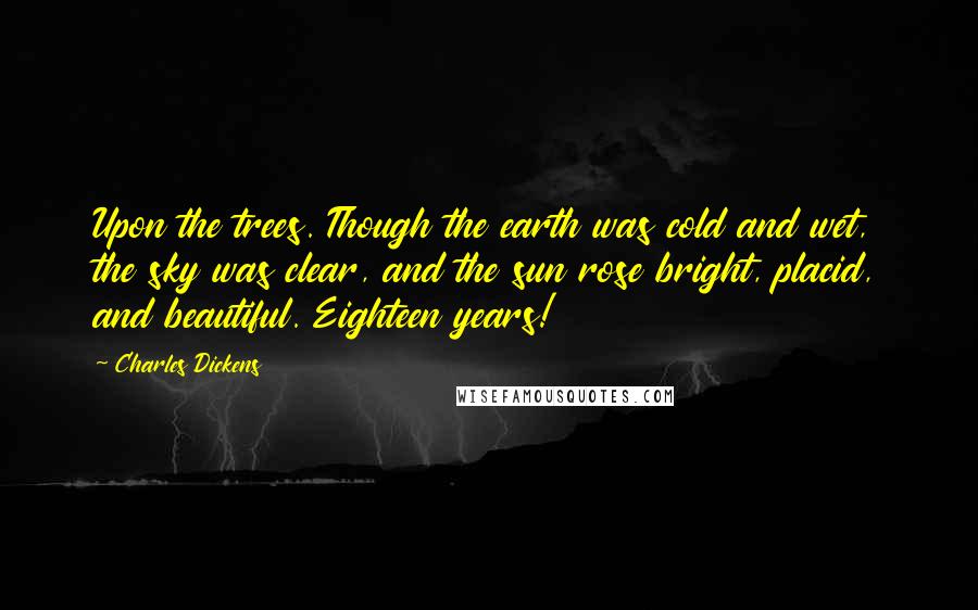 Charles Dickens Quotes: Upon the trees. Though the earth was cold and wet, the sky was clear, and the sun rose bright, placid, and beautiful. Eighteen years!