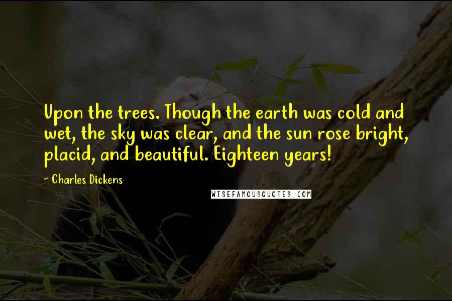 Charles Dickens Quotes: Upon the trees. Though the earth was cold and wet, the sky was clear, and the sun rose bright, placid, and beautiful. Eighteen years!