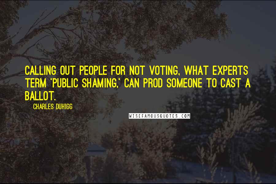 Charles Duhigg Quotes: Calling out people for not voting, what experts term 'public shaming,' can prod someone to cast a ballot.