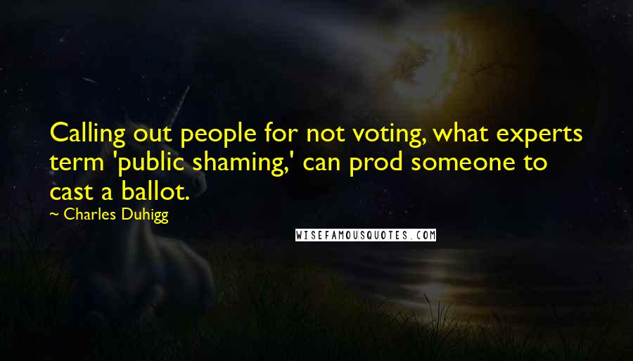 Charles Duhigg Quotes: Calling out people for not voting, what experts term 'public shaming,' can prod someone to cast a ballot.