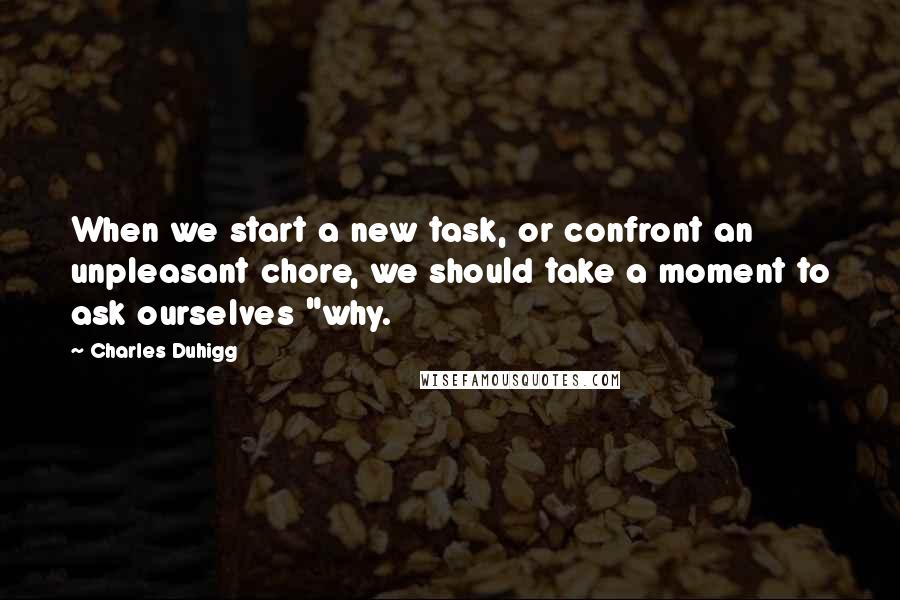 Charles Duhigg Quotes: When we start a new task, or confront an unpleasant chore, we should take a moment to ask ourselves "why.