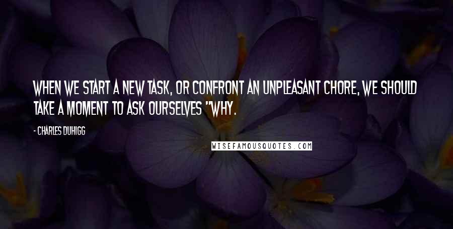 Charles Duhigg Quotes: When we start a new task, or confront an unpleasant chore, we should take a moment to ask ourselves "why.