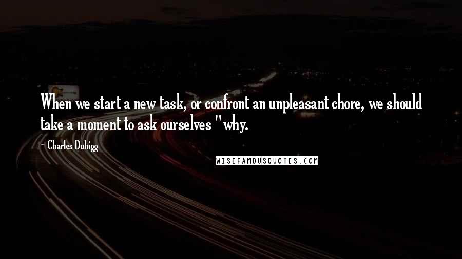 Charles Duhigg Quotes: When we start a new task, or confront an unpleasant chore, we should take a moment to ask ourselves "why.