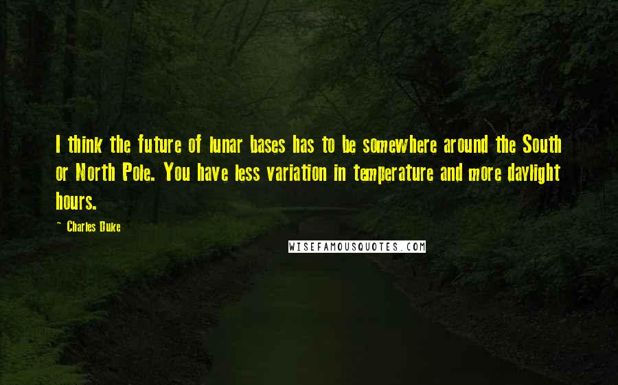Charles Duke Quotes: I think the future of lunar bases has to be somewhere around the South or North Pole. You have less variation in temperature and more daylight hours.