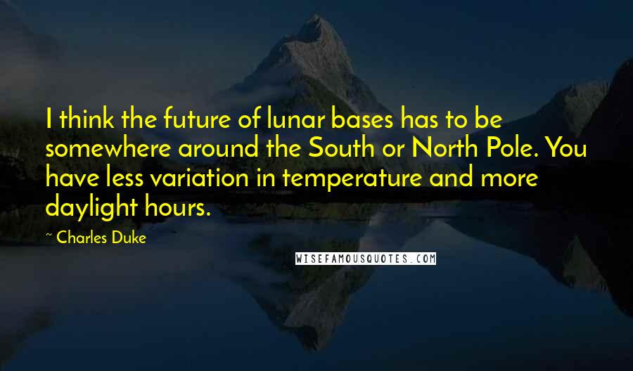 Charles Duke Quotes: I think the future of lunar bases has to be somewhere around the South or North Pole. You have less variation in temperature and more daylight hours.